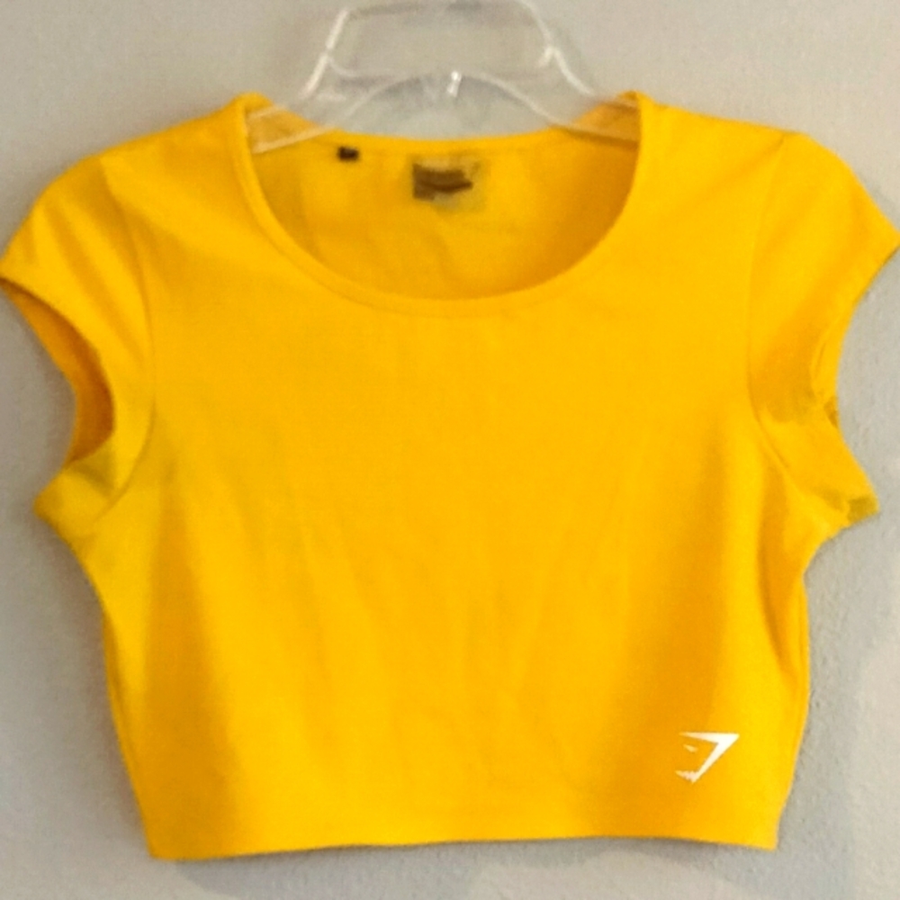 Gymshark Size Medium Caution Sign Yellow Crop Top W/ Asymmetric Back Cap Sleeves